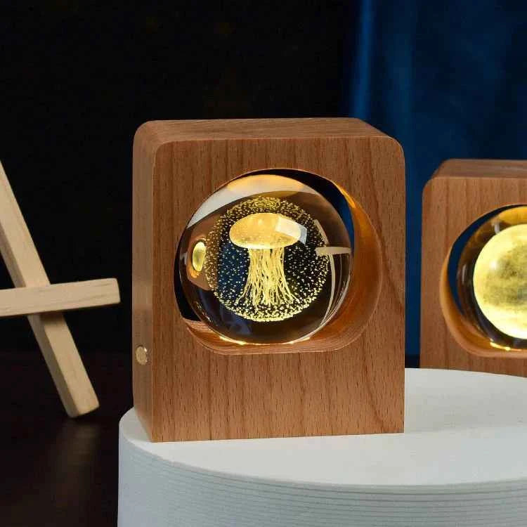 Beech 3D Laser Engraving Night Light with Elk and Jellyfish, Dimmable LED USB Lamp for Bedroom Decoration and Gifts