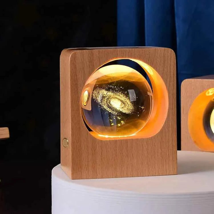 Beech 3D Laser Engraving Night Light with Elk and Jellyfish, Dimmable LED USB Lamp for Bedroom Decoration and Gifts