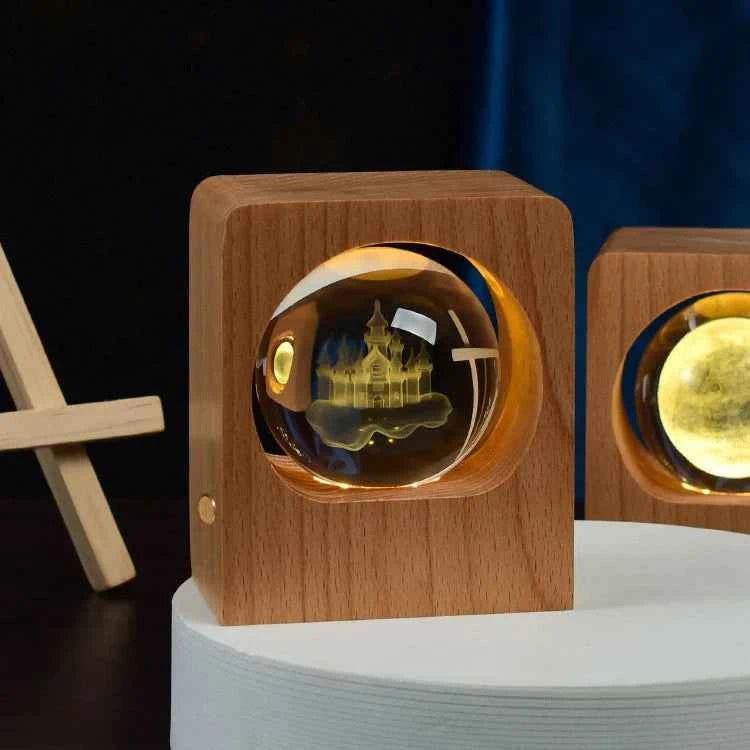 Beech 3D Laser Engraving Night Light with Elk and Jellyfish, Dimmable LED USB Lamp for Bedroom Decoration and Gifts