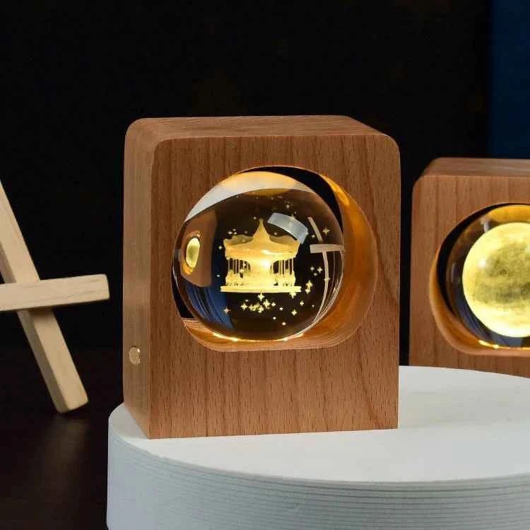Beech 3D Laser Engraving Night Light with Elk and Jellyfish, Dimmable LED USB Lamp for Bedroom Decoration and Gifts